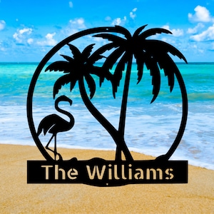 Flamingo and Palm Trees Family Custom Metal Sign - Personalized Family Name Metal Sign - Wedding Gift - Personalized Gift - Metal Wall Art