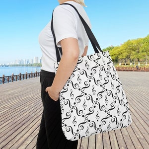 Treble clef music tote bag, practical stylish sheet music shoulder bag, cool book bag for musician, cute music lover piano teacher gift