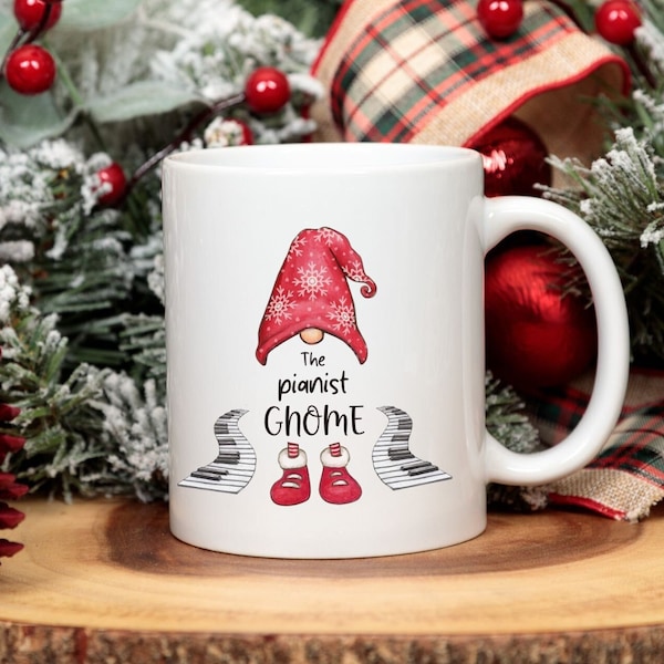 The pianist gnome mug, musical Christmas ceramic cup, holiday piano player coffee tea mug, funny music academy teacher gift