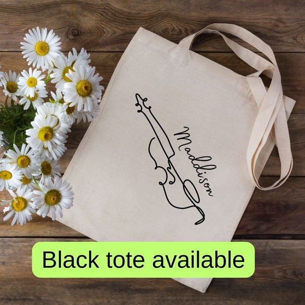 Personalized violin art tote bag, custom name gift, cute shoulder bag for violinist, music lesson book bag, viola teacher high school tote