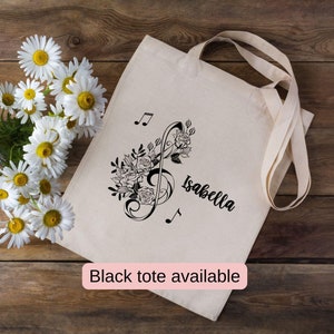 Personalized music student tote bag, custom name music gift, cute canvas bag for musician, music lesson book bag, music teacher school tote