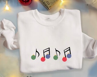 Christmas music notes adult sweatshirt, cute music teacher and student holiday shirt, Christmas ball ornament cotton crewneck sweater
