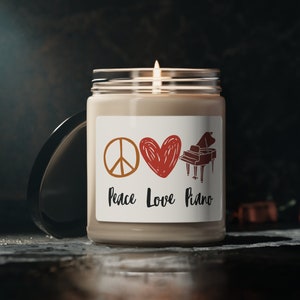 Cute peace love piano 9oz scented soy wax candle, glass jar party favor gift for pianist, piano player, student and teacher