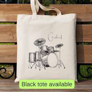 Personalized drum player tote bag, custom name drummer gift, sheet music canvas music bag, high school band teacher student tote