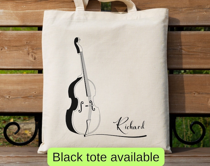 Personalized double bass tote bag, custom name gift, cute sheet music shoulder bag for bassist, jazz band player bag, school teacher tote