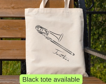 Personalized trombone player tote bag, custom name trombonist gift, sheet music canvas musician bag, high school band teacher student tote