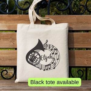 Personalized French horn tote bag, custom name hornist gift, sheet music canvas musician bag, high school band player teacher book tote