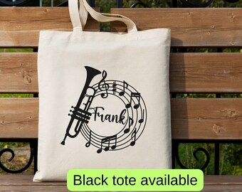 Personalized trumpet tote bag, custom name trumpeter gift, sheet music canvas musician bag, high school band player teacher cool book tote