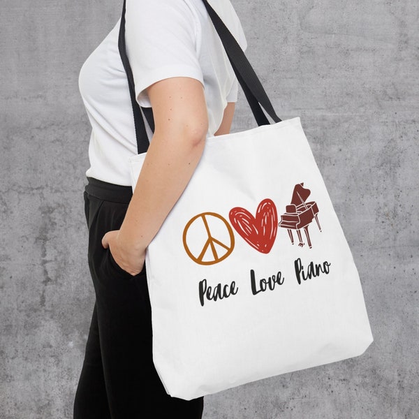 Cute peace love piano tote bag, practical accompanist sheet music shoulder bag, cool book bag for pianist, piano player teacher gift