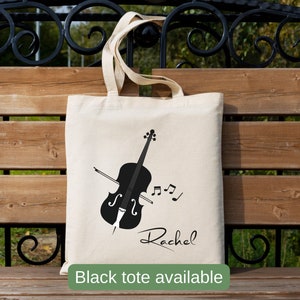 Personalized cello player tote bag, custom name music gift, cute shoulder bag for cellist, music teacher school and student canvas tote