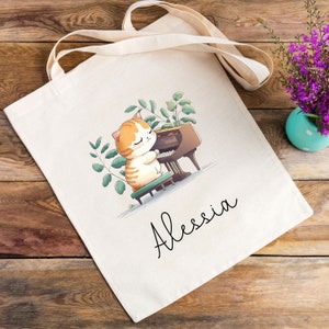 Personalized cat piano tote bag, custom name kid gift, cute sheet music bag for pianist, piano lesson book bag, piano player teacher tote