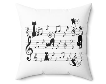 Cute black cat and music throw pillow, fun decorative square cushion with cover, Halloween home decor gift for cat and music lover