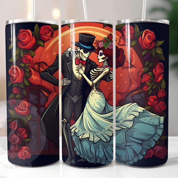 Dia de los muertos Valentine skeleton couple tumbler wrap sublimation, 20 oz Skinny design, digital download PNG, Halloween print file