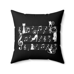 Cute cat and music black throw pillow, fun decorative square cushion with cover, Halloween home decor gift for cat and music lover