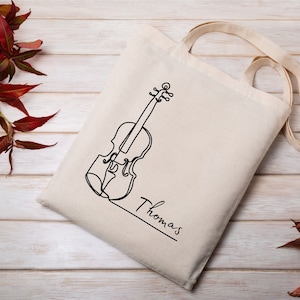 Personalized violin art tote bag, custom name music gift, cute shoulder bag for violinist, music lesson book bag, music teacher school tote