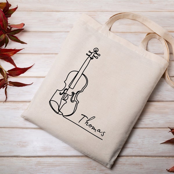 Personalized violin art tote bag, custom name music gift, cute shoulder bag for violinist, music lesson book bag, music teacher school tote