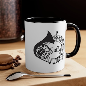 Personalized French horn mug, custom name hornist gift, two tone ceramic music cup, high school band orchestra player teacher coffee mug