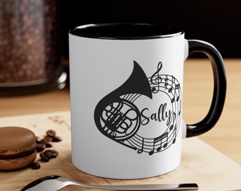Personalized French horn mug, custom name hornist gift, two tone ceramic music cup, high school band orchestra player teacher coffee mug