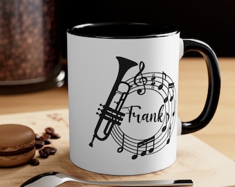 Personalized trumpet mug, custom name trumpeter gift, two tone ceramic music cup, high school band orchestra player teacher coffee mug