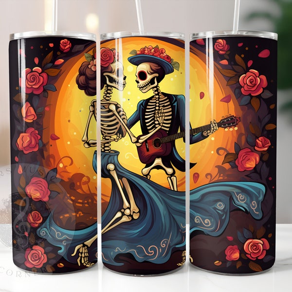 Dia de los muertos music couple tumbler wrap sublimation, 20 oz Skinny Tumbler design, digital instant download PNG, Halloween print file