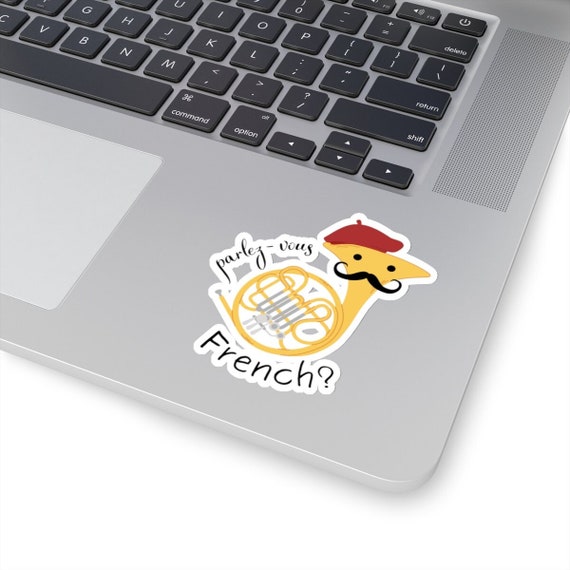 Funny French horn player sticker, cute hornist music humour kiss cut decal, high school band orchestra gift, brass instrument teacher