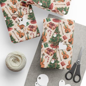 Christmas violin viola wrapping paper, string instruments holiday gift wrap, cute birthday party decor supplies, violinist violist gifth
