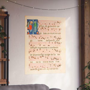 Antiphonary Leaf from a Gradual Initial M matte poster, medieval music gift, christian religious wall art decor, ancient manuscript print