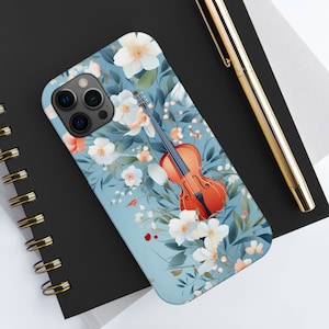 Music and flowers tough phone case, romantic violin phone case, cute aesthetic phone case, compatible with iPhone 7, 8, X, 11, 12, 13 & 14