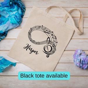 Personalized music student tote bag, custom name gift, cute canvas musician bag, sheet music lesson book bag, orchestra teacher school tote