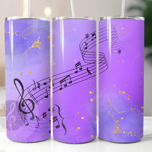 Sparkly music notes tumbler wrap, purple 20 oz Skinny Tumbler sublimation design, digital instant download PNG, gold glitter print file