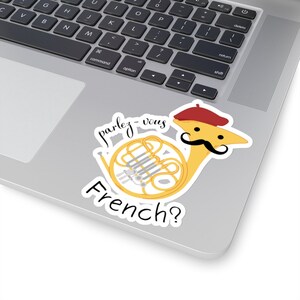 Funny French horn player sticker, cute hornist music humour kiss cut decal, high school band orchestra gift, brass instrument teacher image 4