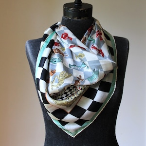 Vintage Jacqmar silk scarf - square checked chess scarf - grey black cream lime - hand rolled edges