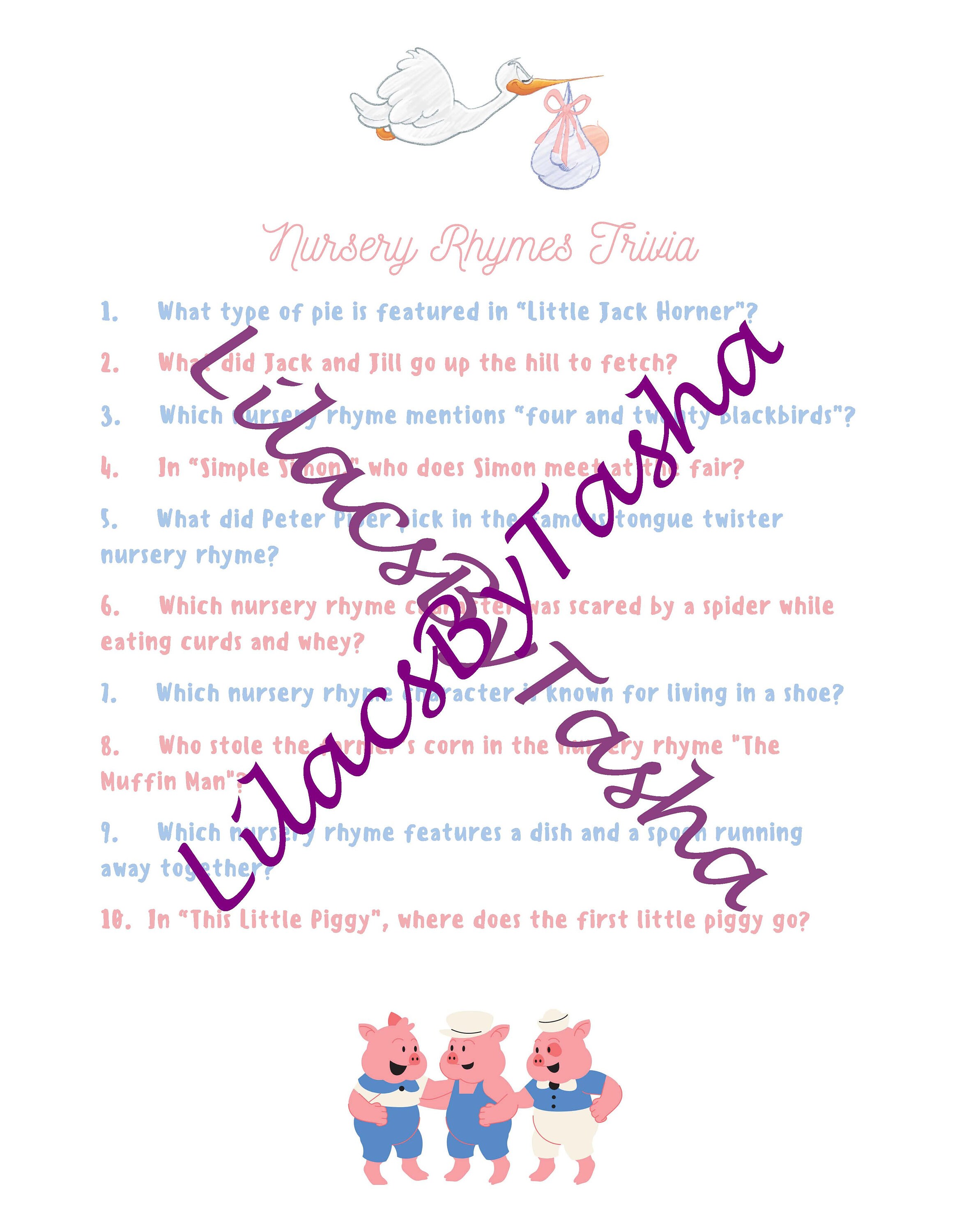 Baby Shower Game Nursery Rhymes Trivia and Answer Key Printable Etsy