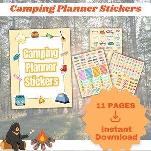 Adesivos para planejador de acampamento – designs fofos de verão! 10 páginas de adoráveis designs de adesivos para impressão. Baixar digitais.