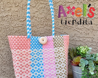 Medium Recycled Plastic Tote Bag – Handwoven Mexican Beach Bag, Durable & Washable