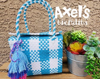 Small Recycled Plastic Tote Bag - Mexican Lunch Bag - Craft Bag - Mexican Tote - Eco-Friendly Handwoven Mexican Bag