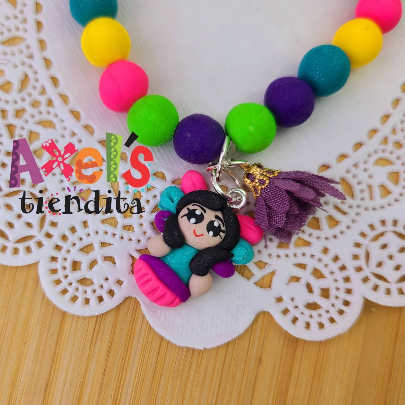 Mexican Lele Doll Bracelet - Handmade Polymer Clay Beaded Stretch