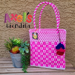 Medium Tall Recycled Plastic Tote Bag - Mexican Lunch Bag - Craft Bag - Bolsa de Plástico Reciclado Mexican Tote - Handwoven Mexican Bag
