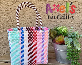 Small Recycled Plastic Tote Bag – Handwoven Mexican Lunch Craft Bag