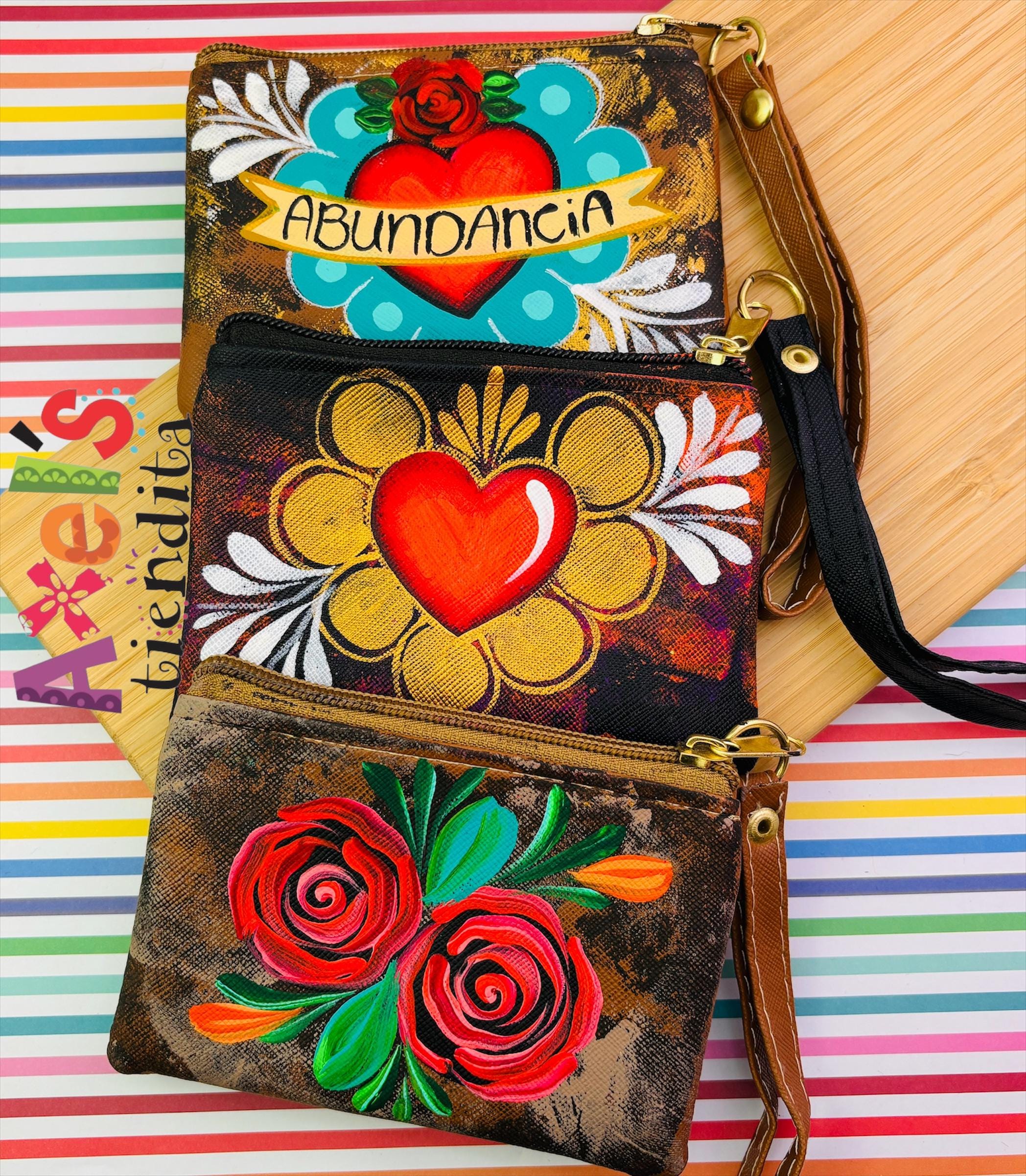 Hand Painted Sacred Heart Wristlet Bag: Mexican Artisan Zipper