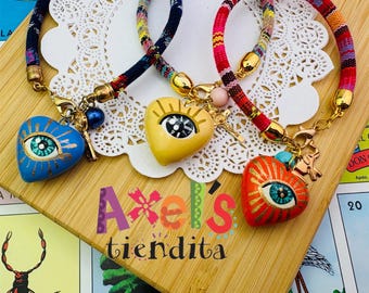 Handpainted Mexican Evil Eye Bracelet: Barro Clay Heart Charm