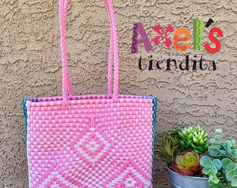 Medium Recycled Plastic Tote Bag – Handwoven Mexican Lunch, Eco-Friendly PVC Shoulder Bag
