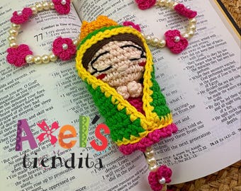 Virgen de Guadalupe Decade Rosary: Hand-Crocheted Car Rear Mirrior Virgencita