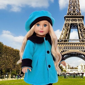 Parisian Stroll - Clothes for 18 inch Doll - Blue Fleece Coat with matching Beret, Black Leggings and Boots