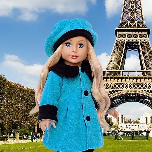 Parisian Stroll - Clothes for 18 inch Doll - Blue Fleece Coat with matching Beret, Black Leggings and Boots