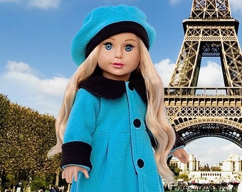 Parisian Stroll - Clothes for 18 inch Doll - Blue Fleece Coat with matching Beret, Black Leggings and Boots