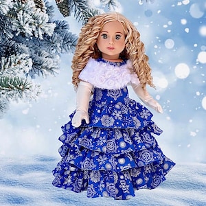 Silver Snowflake - Clothes Fits 18 inch Doll - Blue Holiday Gown with White Stole and Long Gloves
