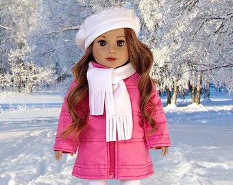 Parisian Adventure - Clothes for 18 inch American Girl Doll - Stylish Pink Coat, White Beret, Scarf and Leggings with Pink Boots