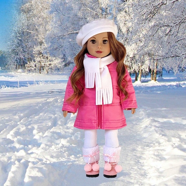 Parisian Adventure - Clothes for 18 inch American Doll - Pink Coat, White Beret, Scarf and Leggings with Pink Boots (Doll Not Included)