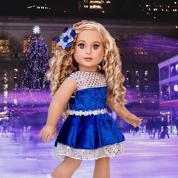 Ice Dancer - Doll Clothes for 18 inch Doll - Blue Leotard with Double Blue and Silver Ruffle Skirt, Decorative Head Flower, White Skates